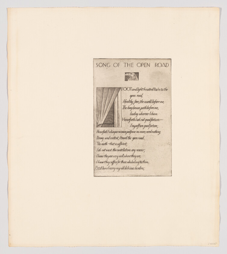 A printed poem titled "Song of the Open Road" with decorative panels and calligraphic text centered on cream paper.