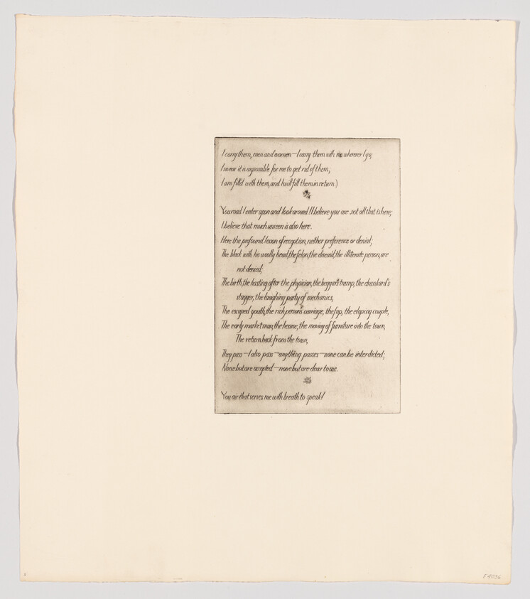 A small centered handwritten poem in a rectangular panel on a large blank sheet of paper.