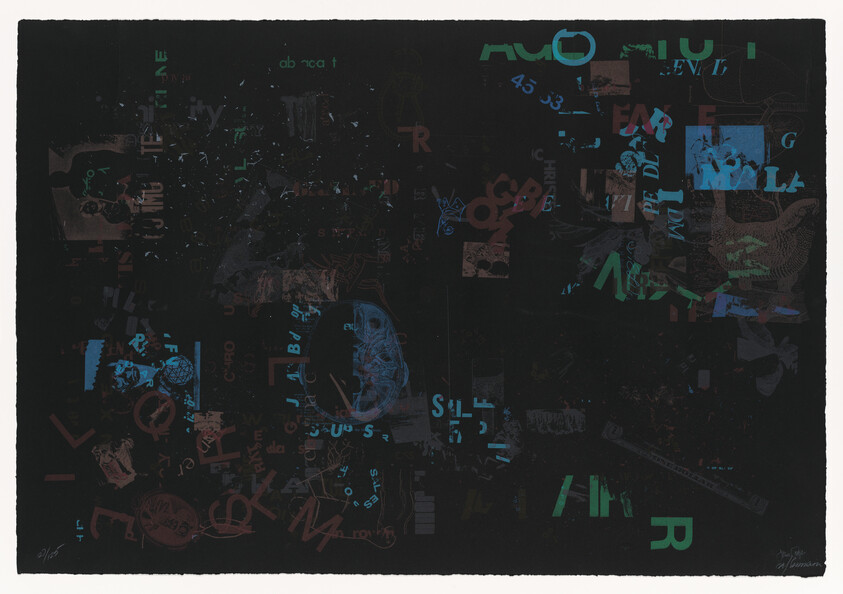 Dark abstract collage with scattered teal and blue letters, small images, and textured shapes across the page.