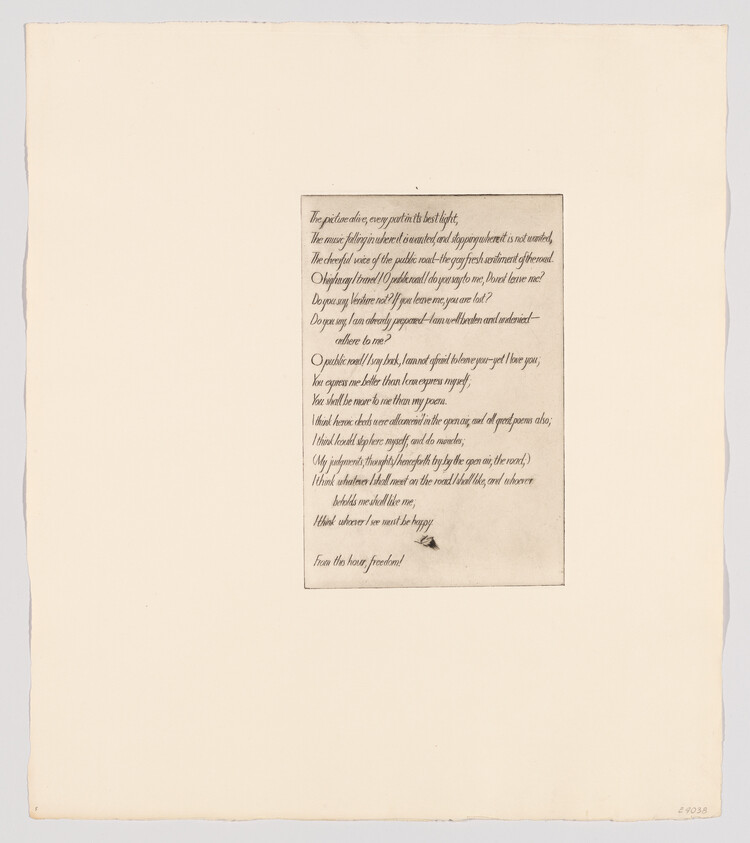 A small sheet of handwritten calligraphy centered on large blank paper, showing a poem.