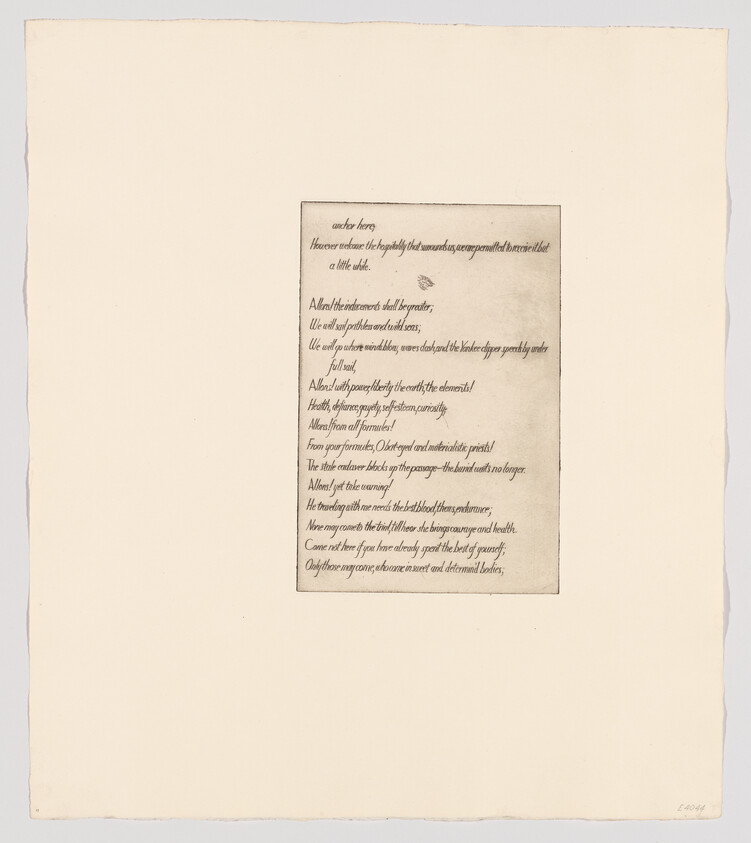 Small page of handwritten cursive poem centered on a large blank sheet of paper.