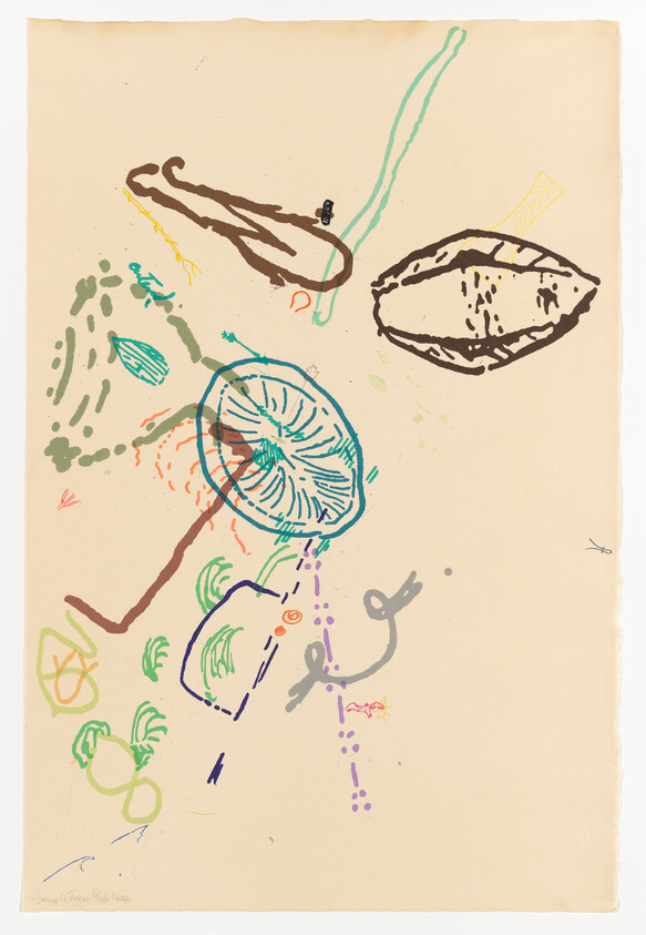 Abstract composition of colorful doodles and circular shapes scattered on a beige background.