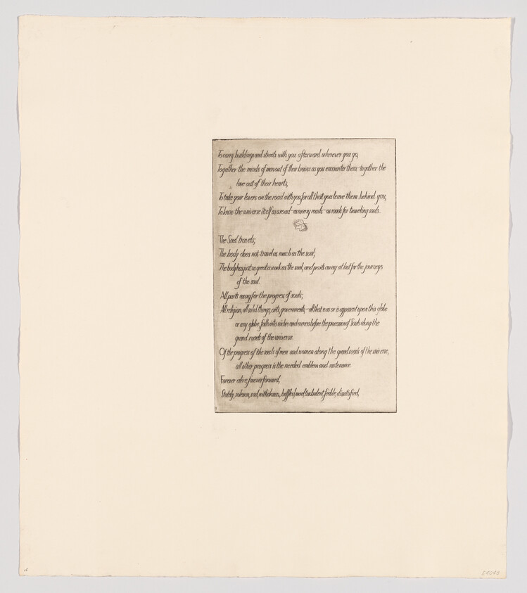 A small handwritten poem in a centered rectangular block on a large sheet of cream paper.