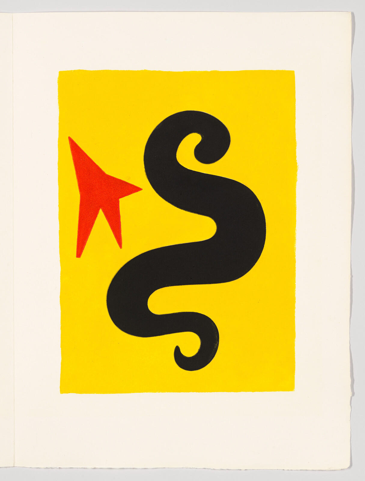 A large black curving S-shape and a small red star on a yellow rectangle background.