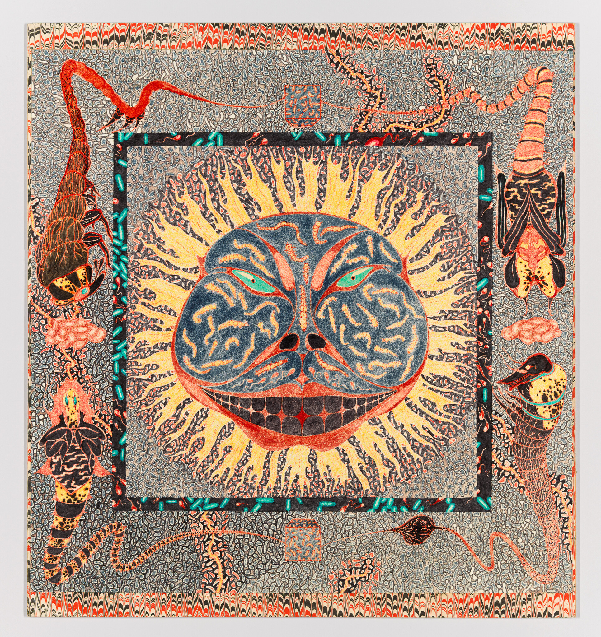 A stylized smiling sun face with green eyes radiates flames amid intricate patterned border and creatures.