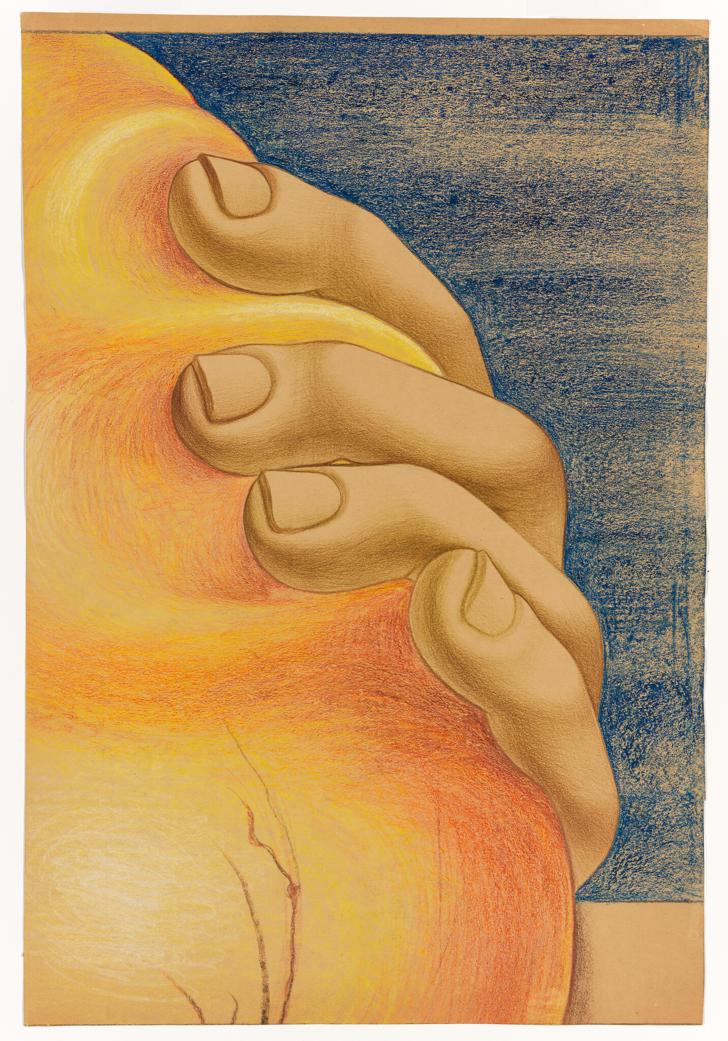 A colored pencil drawing of a stylized human hand with exaggerated, rounded fingers gently holding a bright, glowing orb. The background is divided into two textures, with a rough blue texture on the right and a softer yellow-orange gradient on the left. The overall effect is warm and surreal.