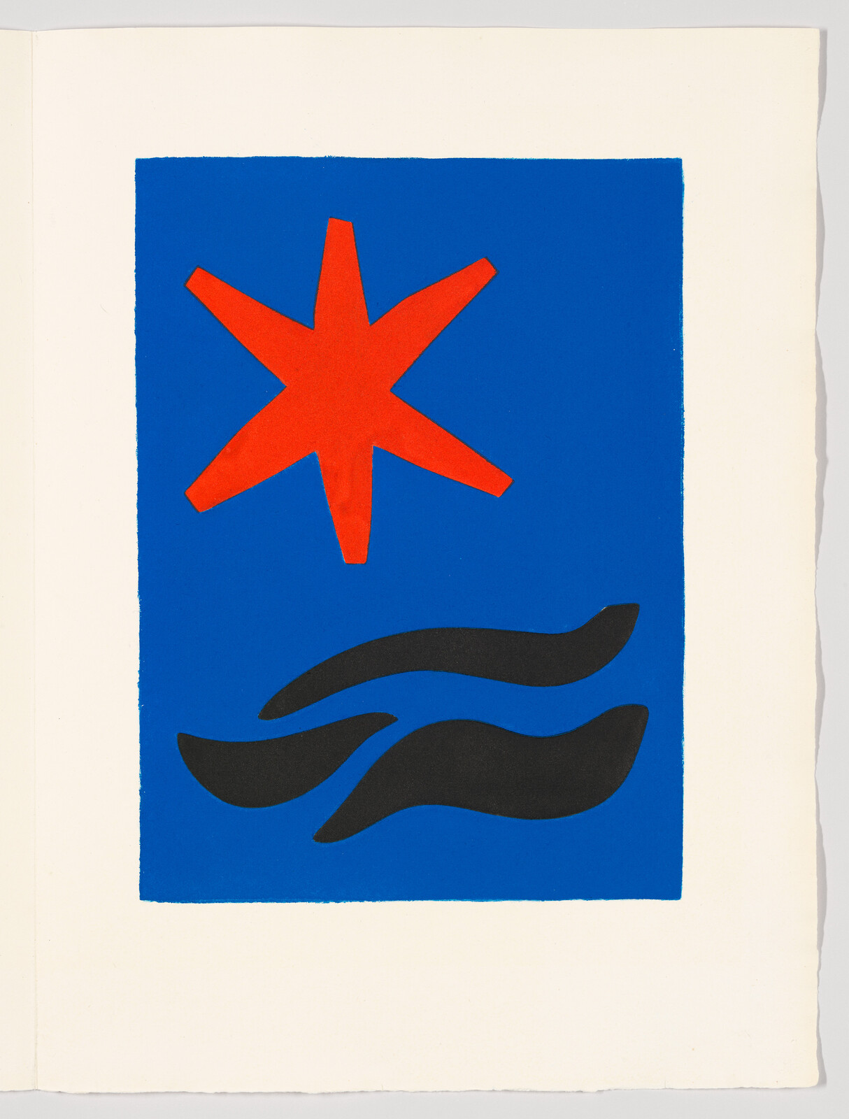 A red six-pointed star above three black wavy shapes on a bright blue rectangle.
