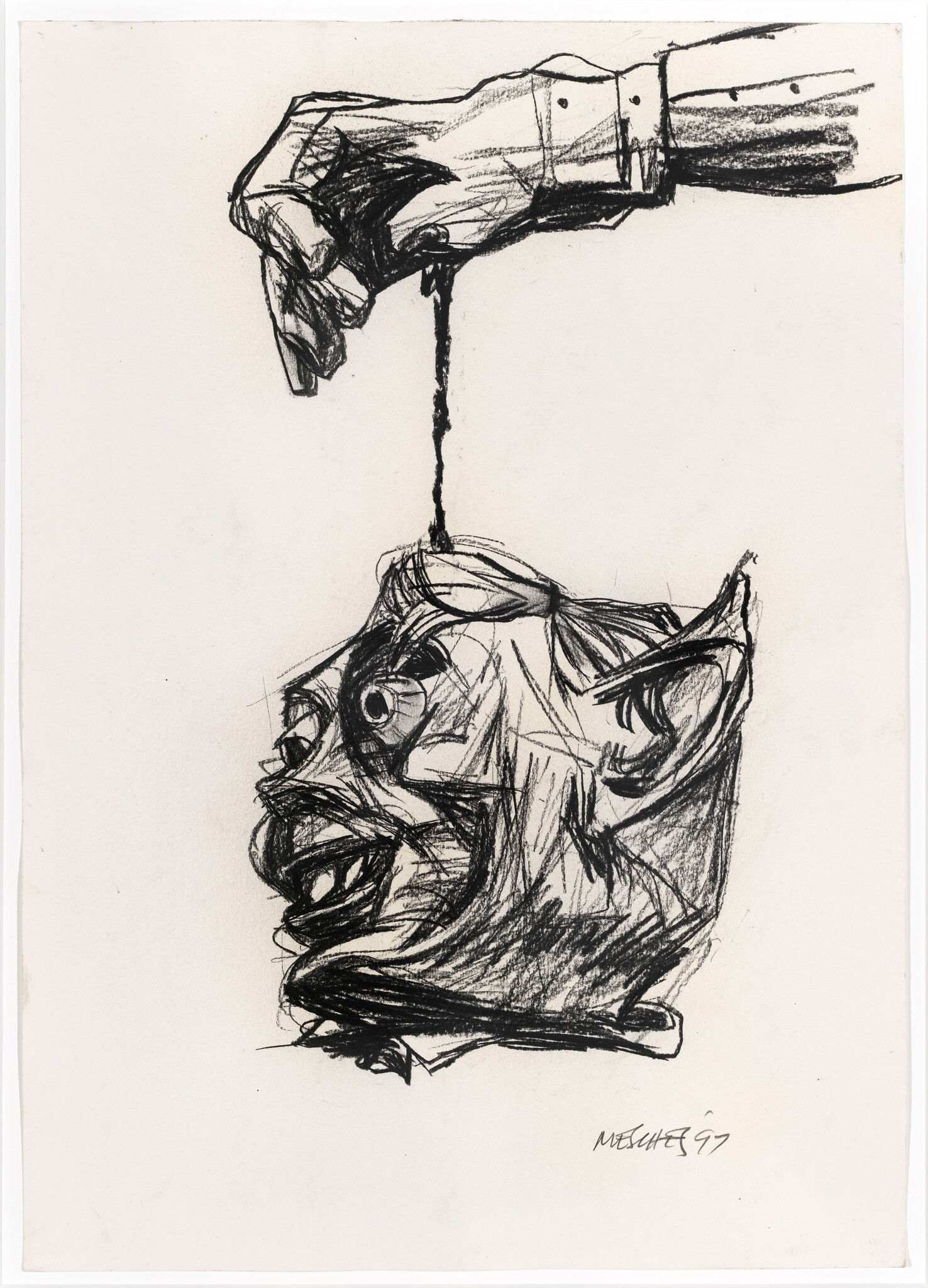 A hand suspends a severed grotesque head by a thin string, rendered in rough charcoal.