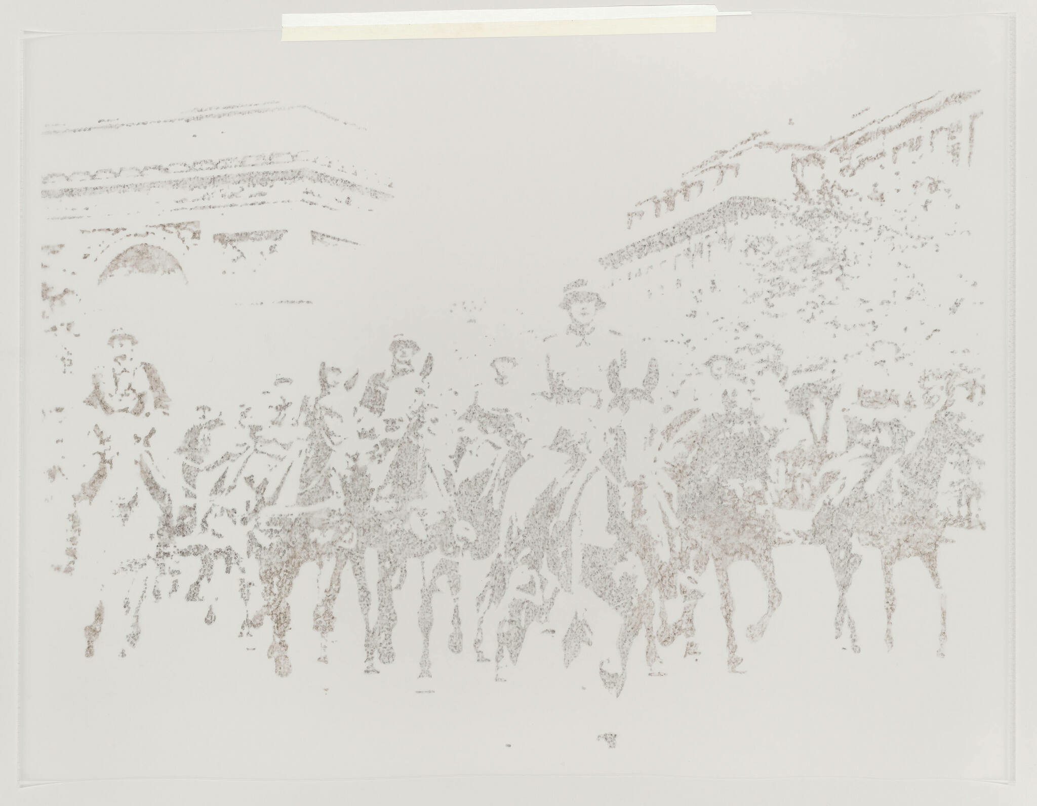 A faded print depicting a group of people on horseback, possibly in a historical or military setting, with structures faintly visible in the background. The image has a monochromatic, sketch-like quality with details difficult to discern, suggesting age or a specific artistic technique.