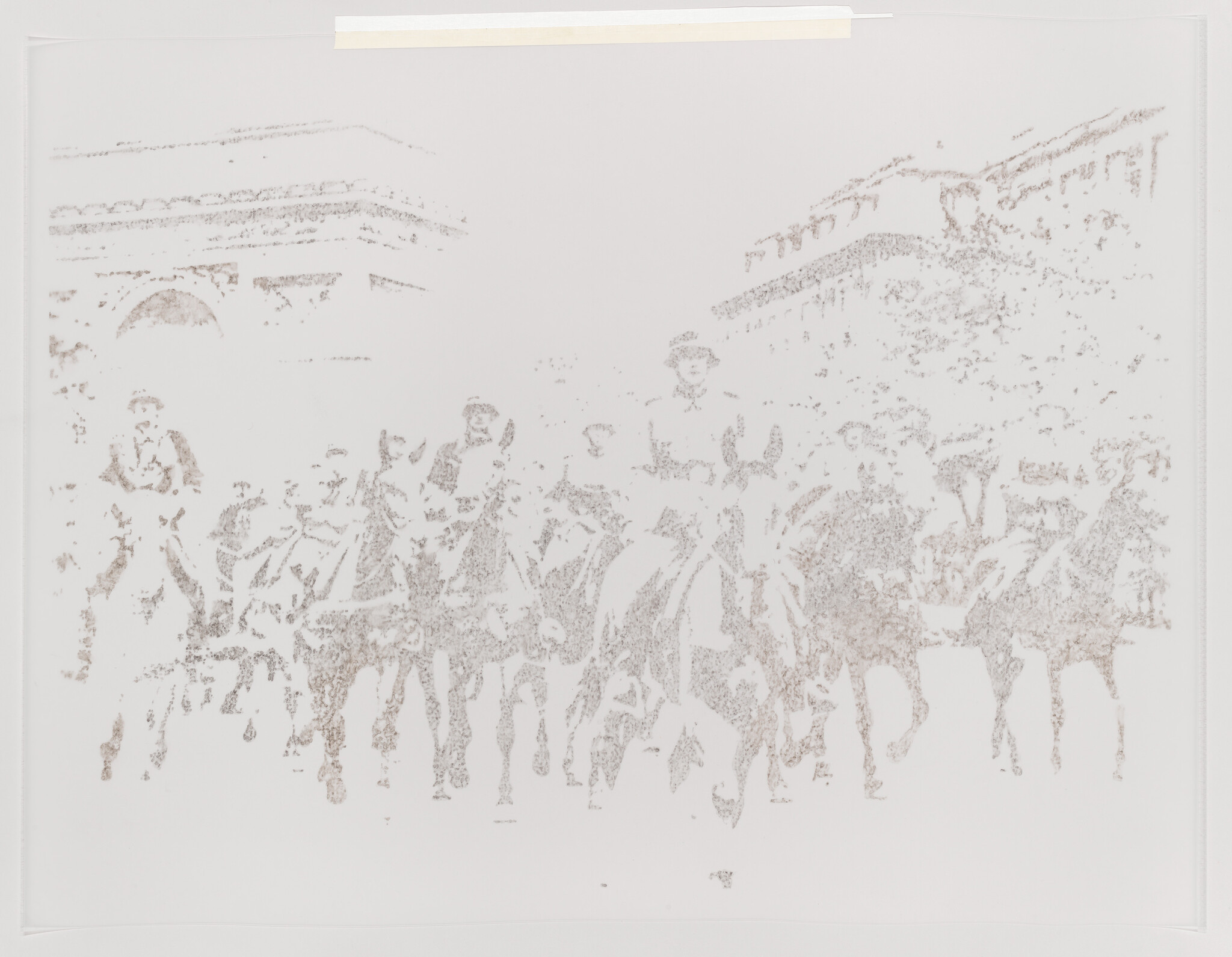 A faded sketch shows a group of mounted riders parading past an arch and buildings.