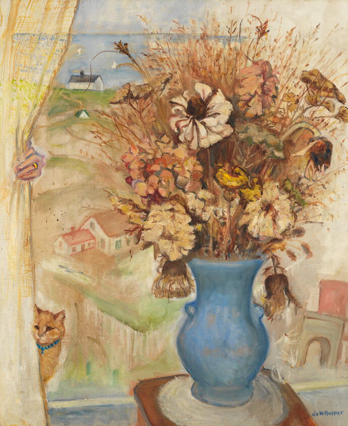 Blue vase holds a large bouquet of dried flowers on a windowsill while a cat peeks.