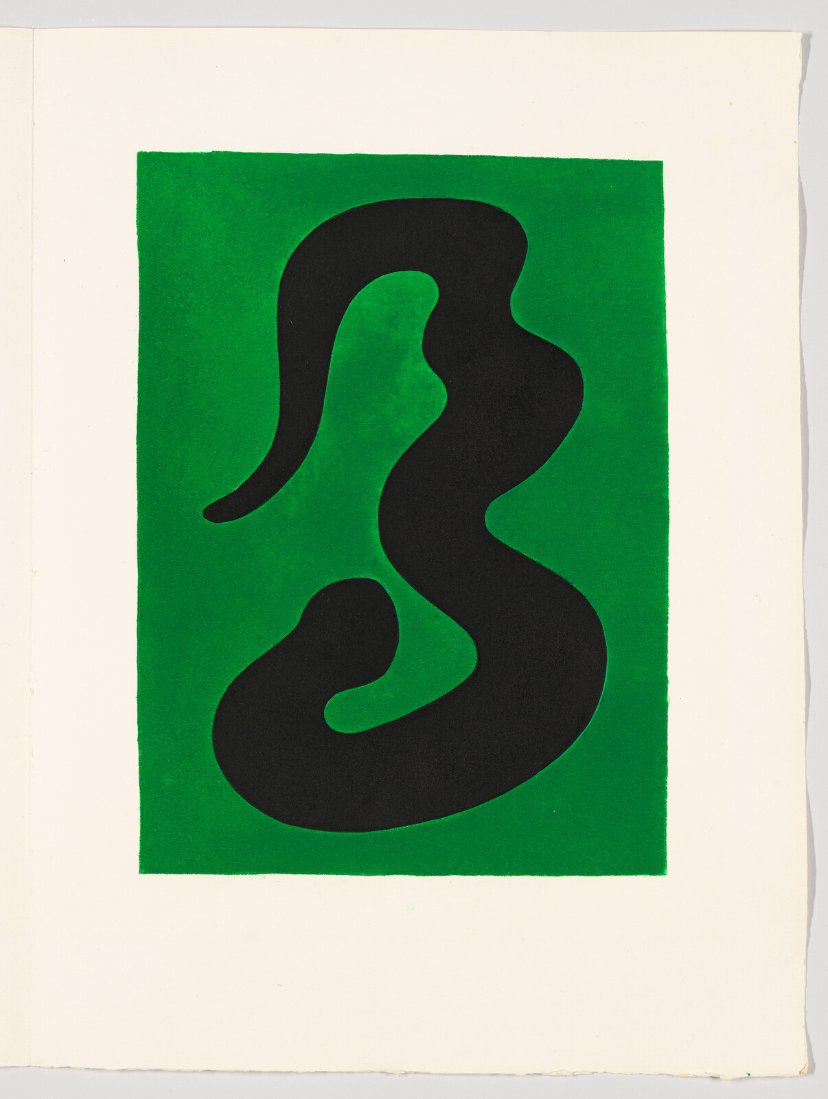 A large abstract black curving shape sits centered on a bright green rectangular field with white margins.