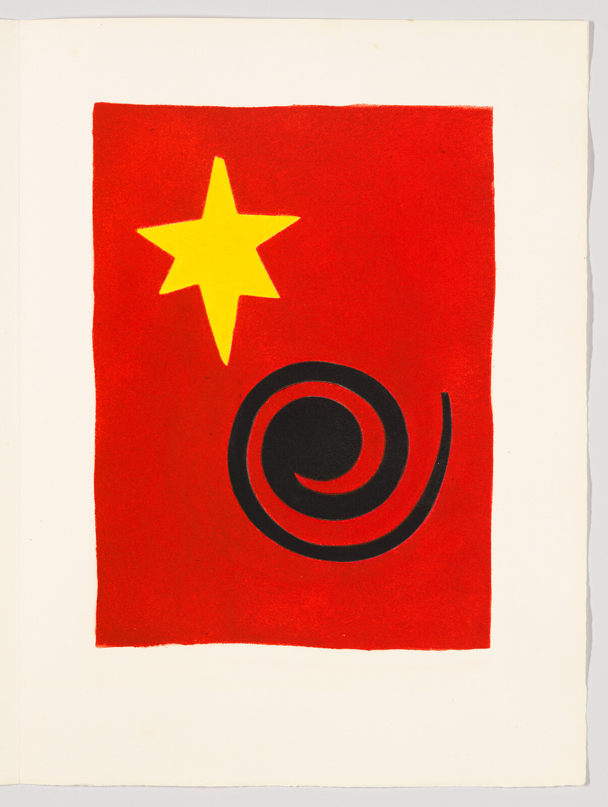 A red rectangular field contains a yellow five-pointed star and a black spiral.