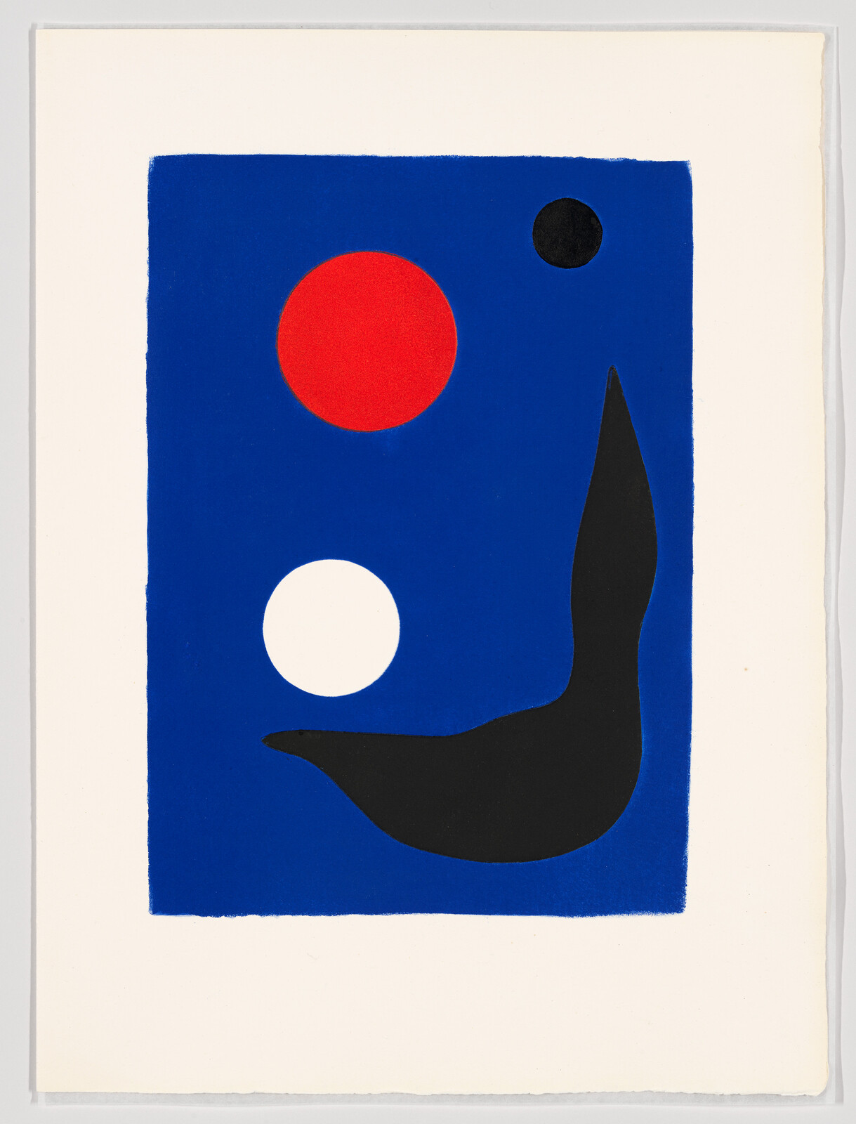 Blue rectangular field with a red circle, white circle, and large black curved shape.