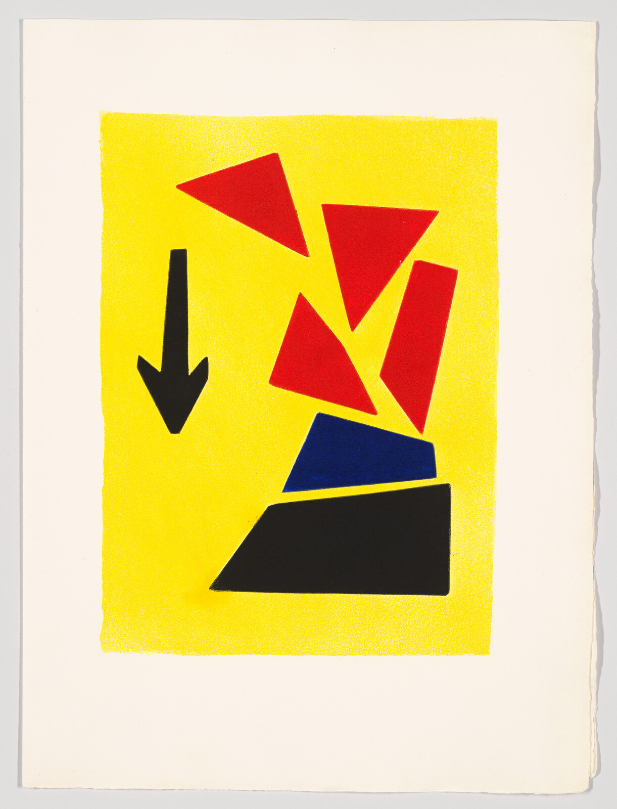 Bright yellow panel shows red triangular shapes falling above blue and black blocks beside a downward arrow.
