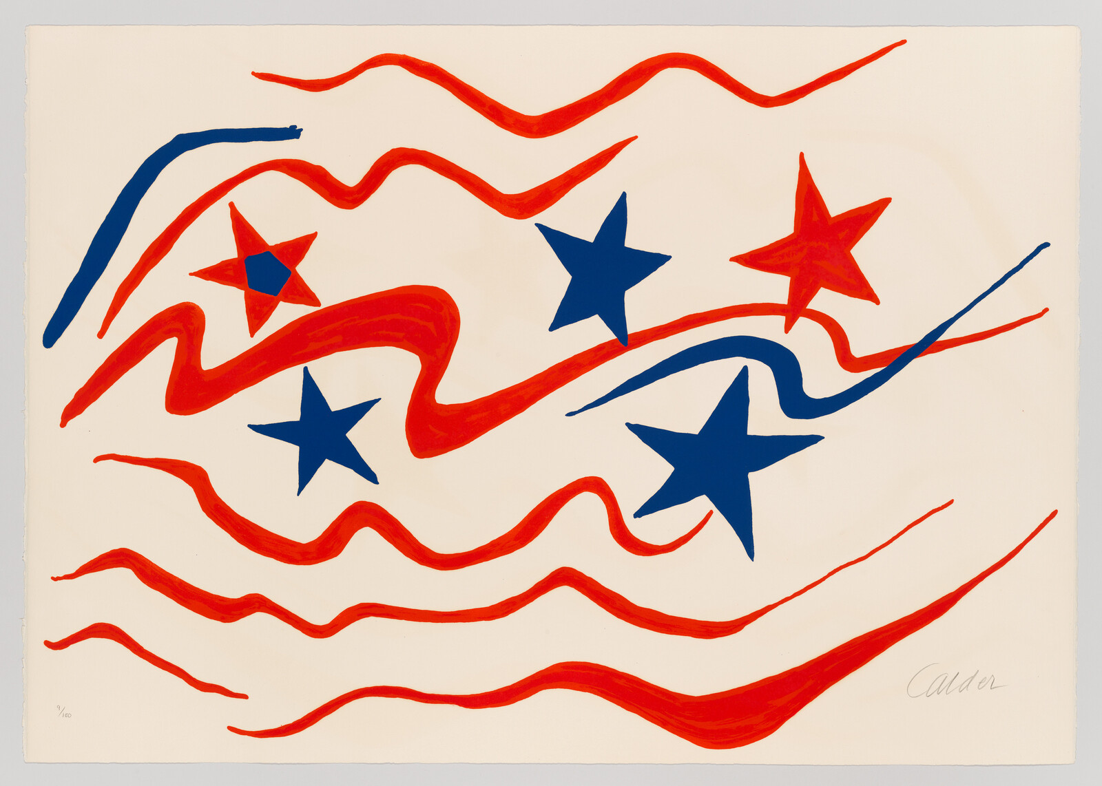 Abstract artwork featuring wavy red and blue lines with blue stars overlaid on a white background, signed "Calder" at the bottom right corner.