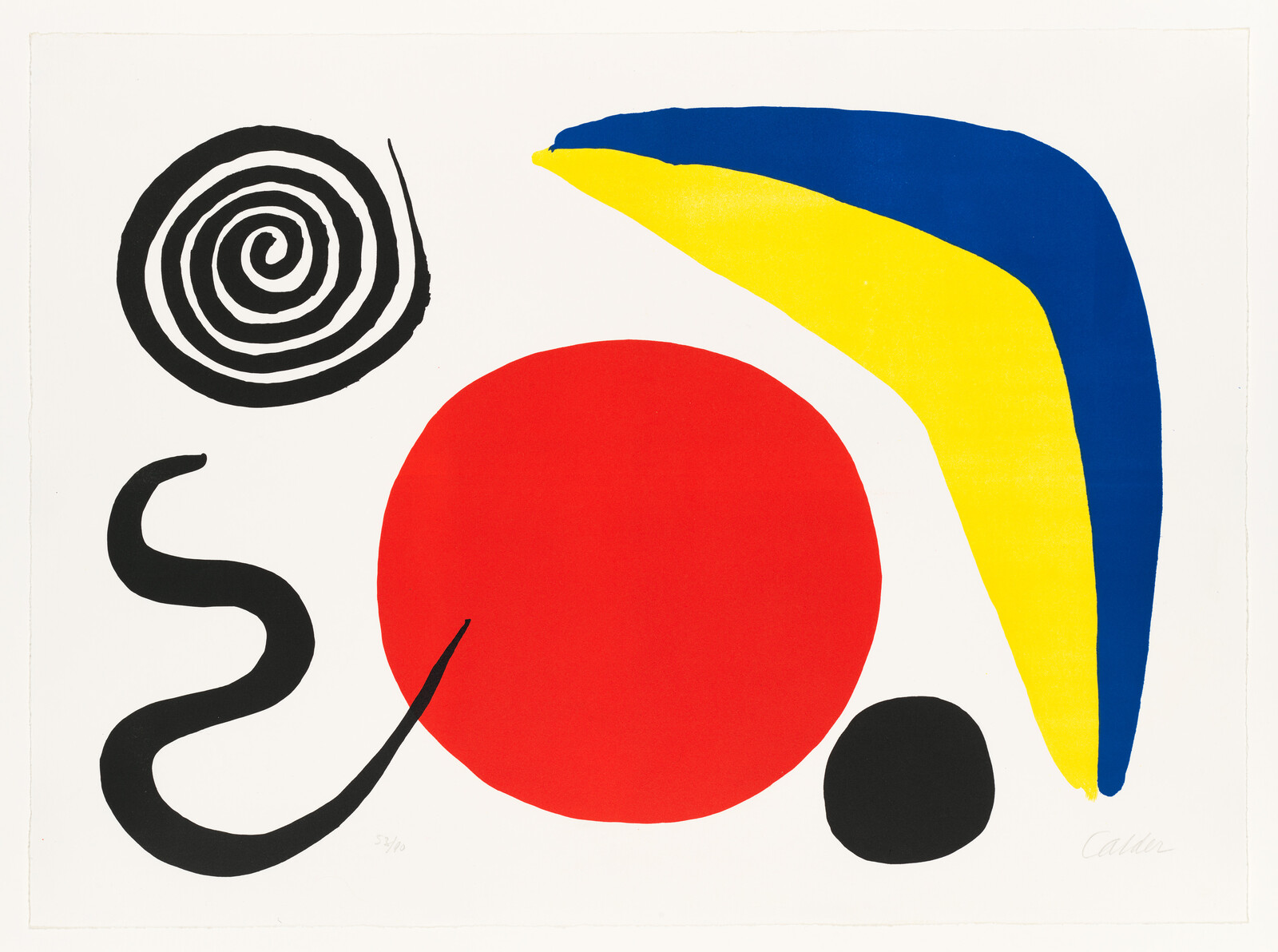 Bright red circle centered among a black spiral, black squiggle, small black dot, and yellow-blue arc.