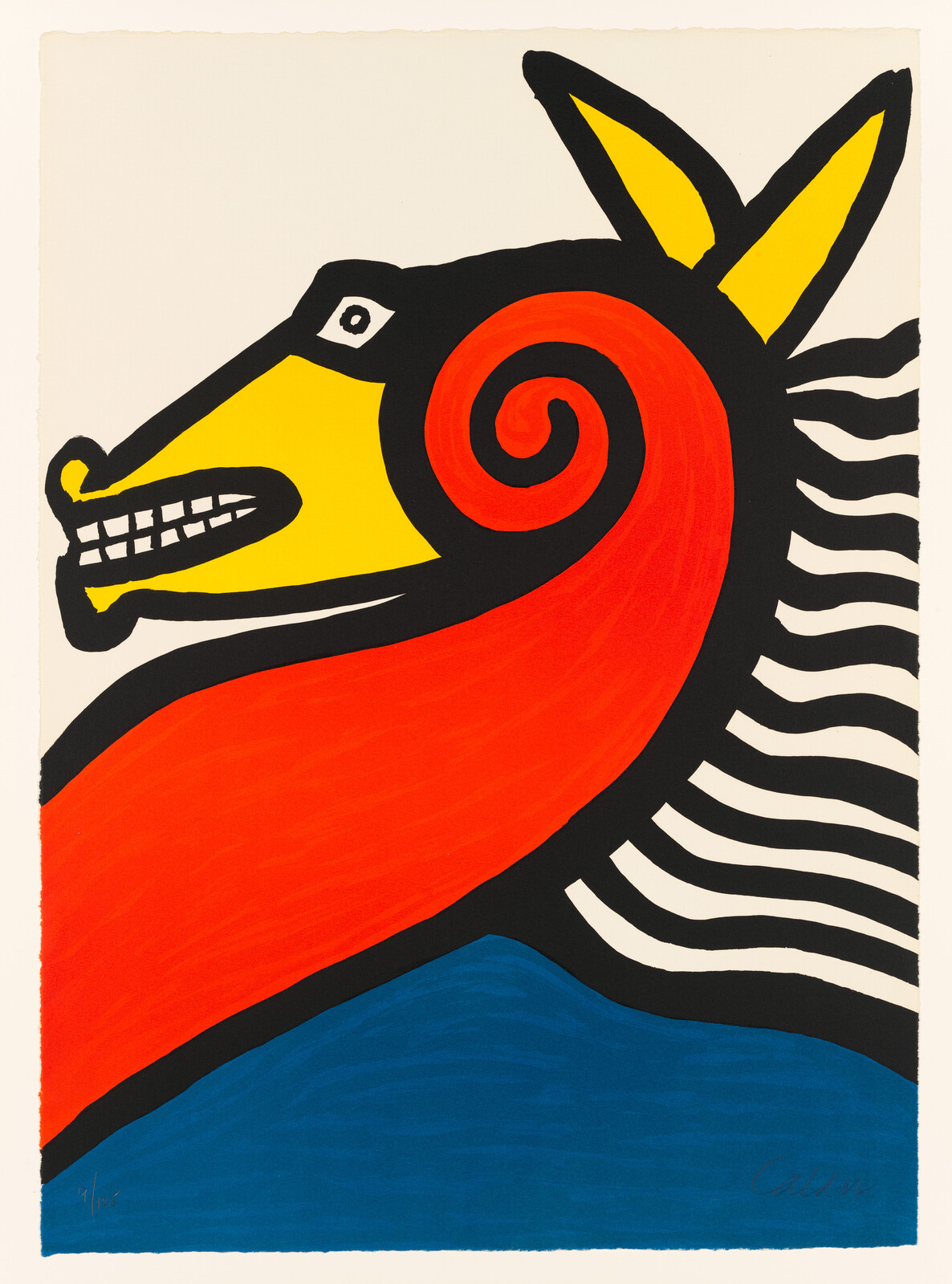 A bold, stylized horse-like head with a red mane, yellow face, striped neck, and teeth.