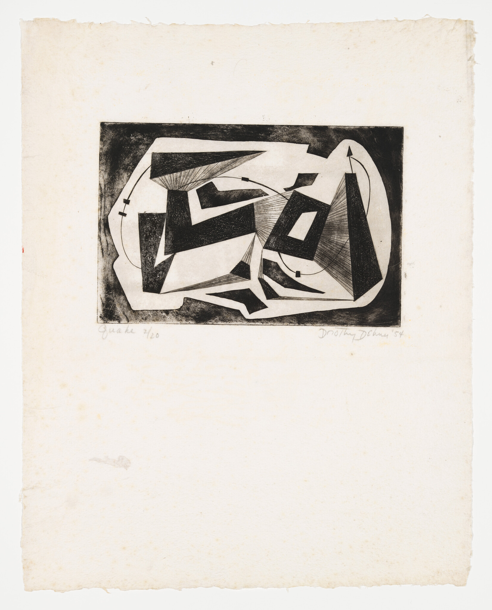 An abstract black-and-white geometric print with sharp angled shapes and radiating lines centered on paper.