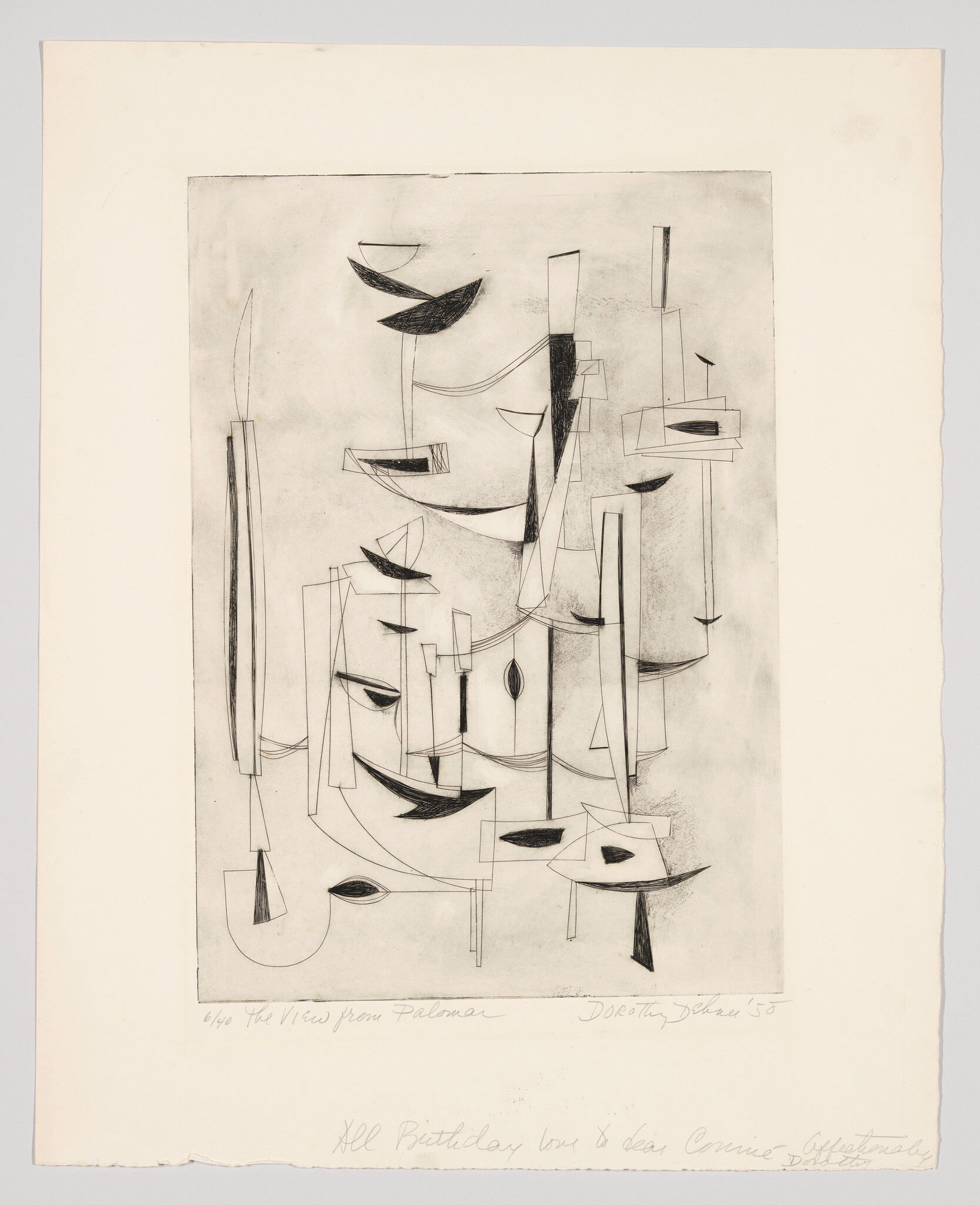 An abstract etching with various geometric and organic shapes overlapping in a composition, featuring elements that resemble sails or leaves, poles, and curves. The artwork is titled "The View from Palman" and is signed by the artist Dorothy Dehner in 1955. There is also a handwritten inscription at the bottom that reads "XII Birthday love & dear Connie affectionately Dorothy." The print is numbered 6/40, indicating it is part of a limited edition.