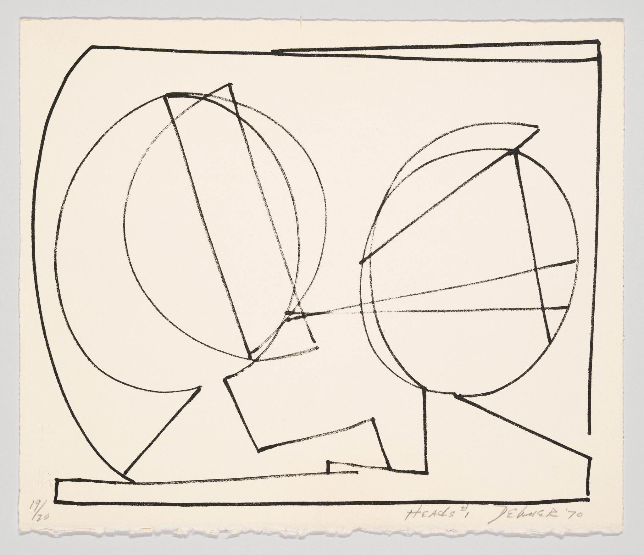 Abstract black-line drawing of two large overlapping circular forms connected by angular lines.