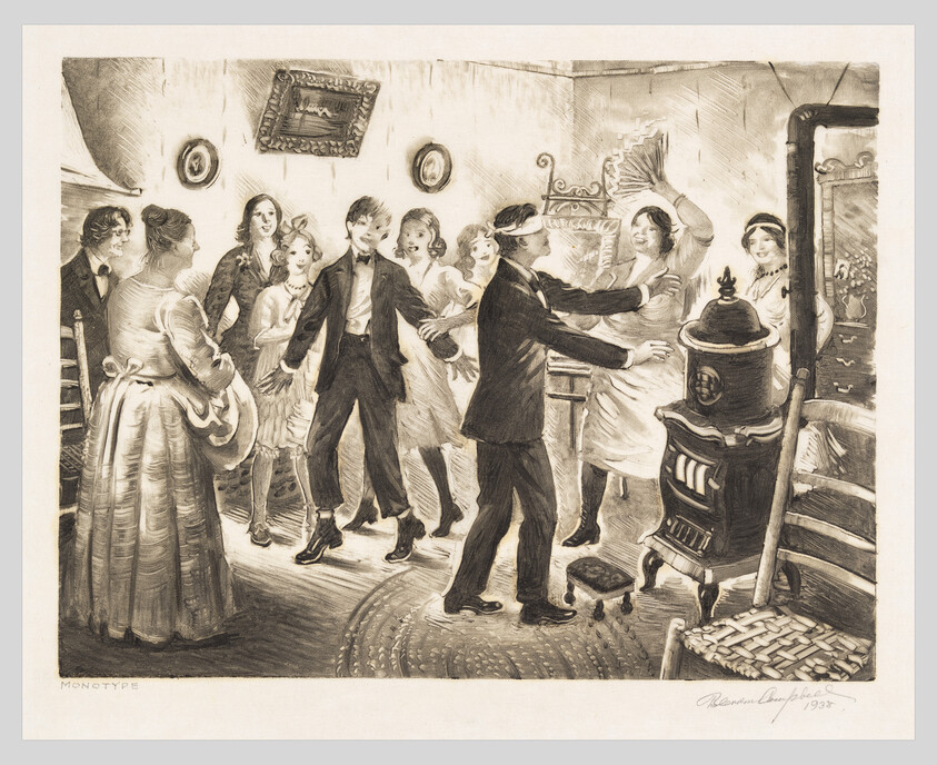 A blindfolded man reaches toward laughing guests as they play blind man's bluff in a parlor.