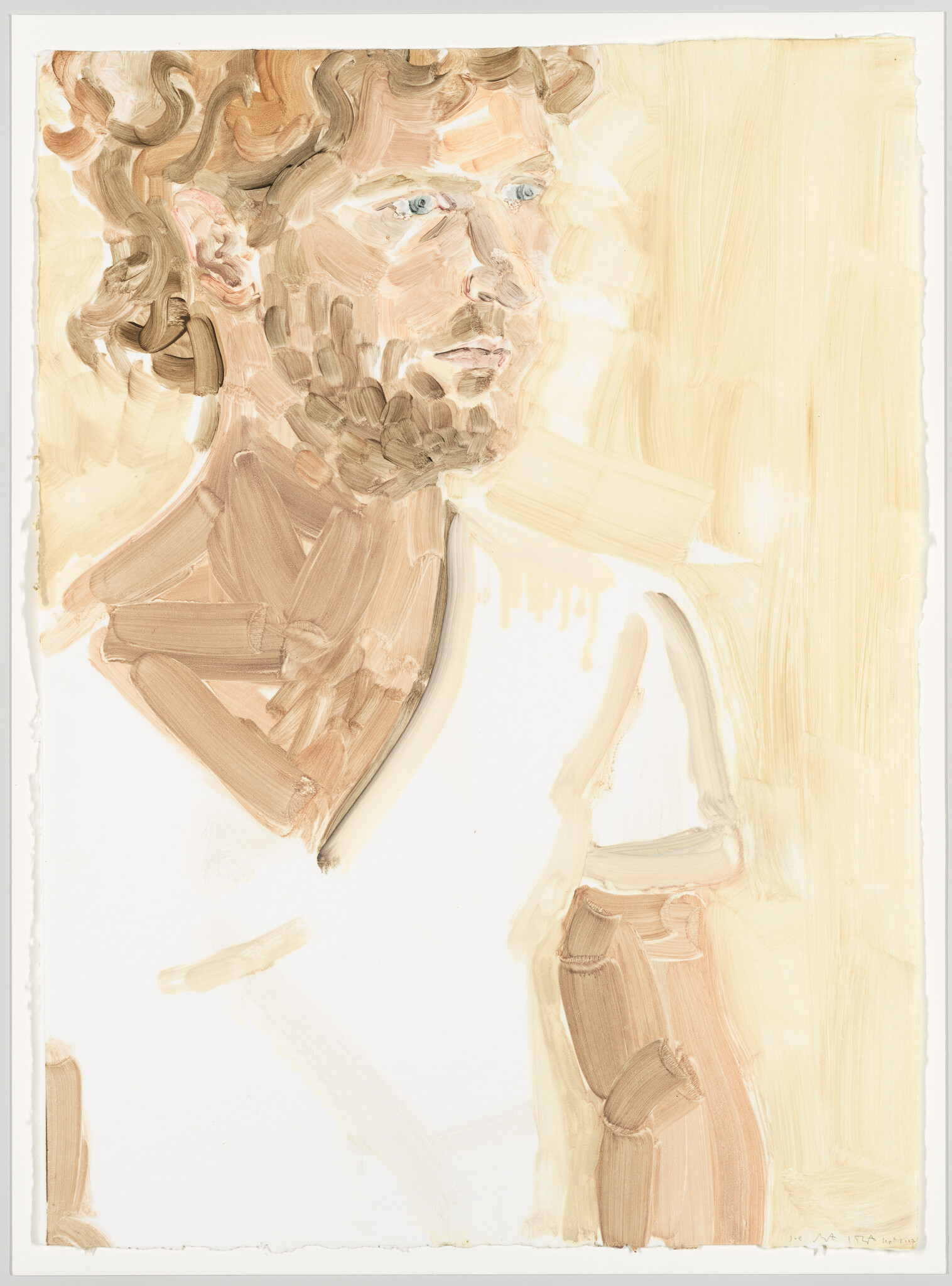 A loose, warm-toned portrait of a bearded man with curly hair looking to the right.