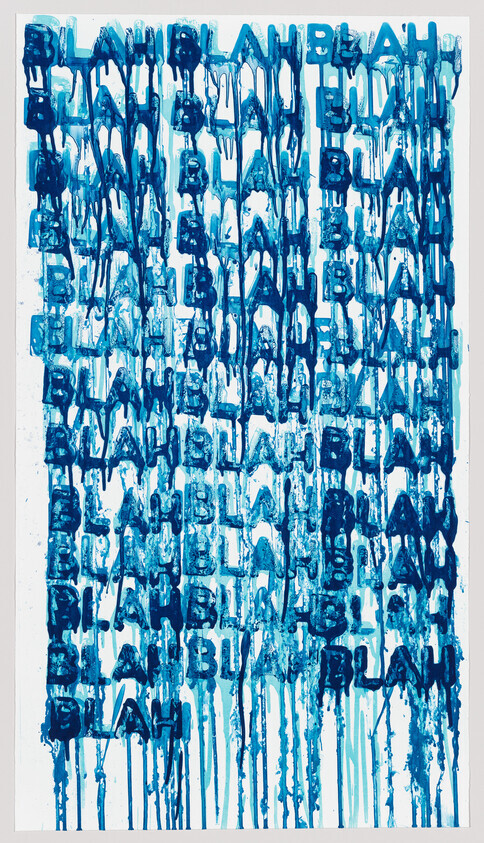 Repeated blue painted words "blah" drip down the white canvas in overlapping rows.