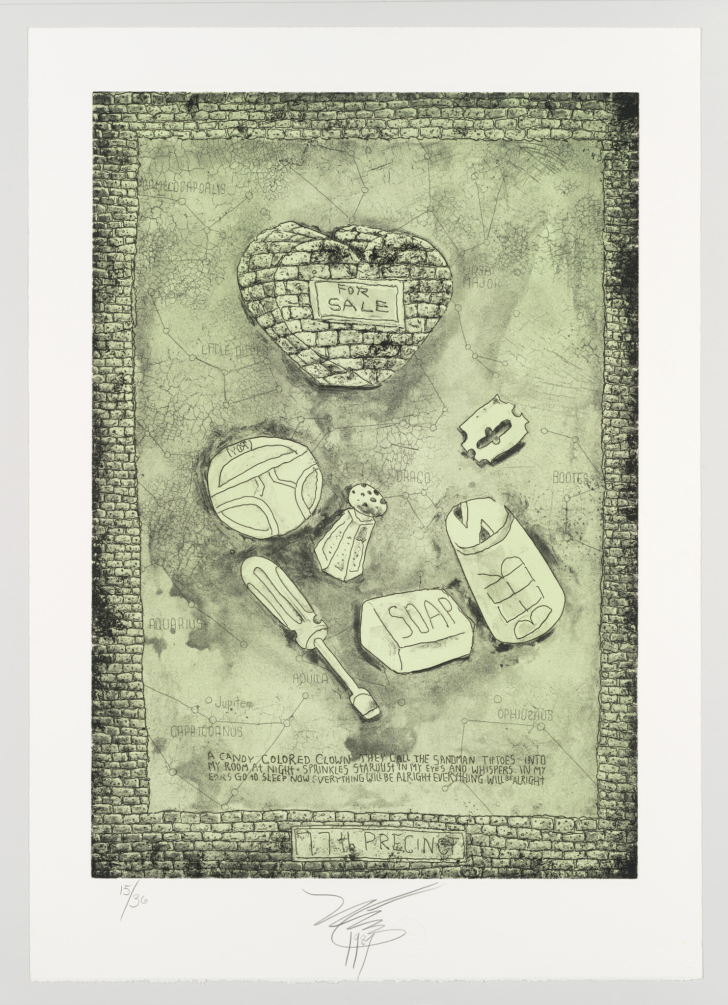 A monochromatic artwork featuring a textured background with a large heart-shaped object made of bricks at the center, labeled "FOR SALE." Surrounding the heart are various items including a deflated soccer ball, a pepper shaker, a screwdriver, a bar of soap, and a crumpled piece of paper. The bottom of the image contains text and numbers, suggesting it might be a limited edition print, and there are faintly written words and astrological symbols scattered across the background. The artist's signature is present at the bottom right corner.
