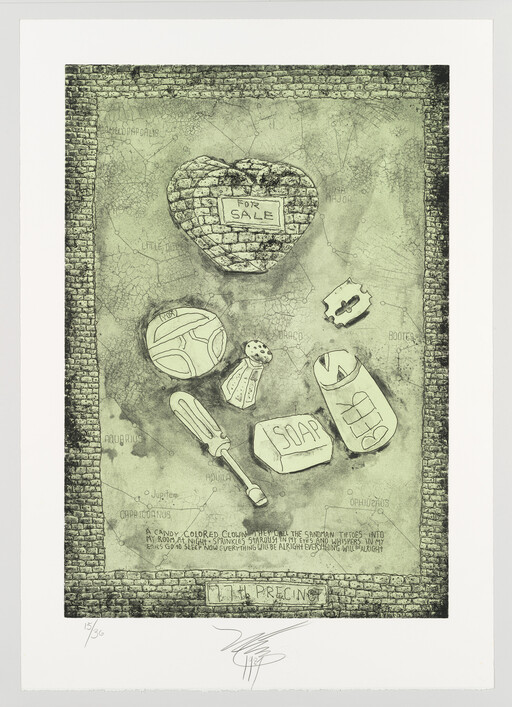 A brick heart labeled "For Sale" surrounded by everyday objects like soap and tools.