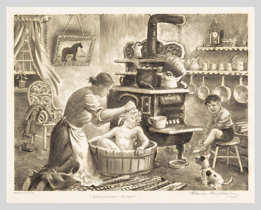 Mother gives a young child a bath in a wooden tub by the stove while a boy and dog watch.