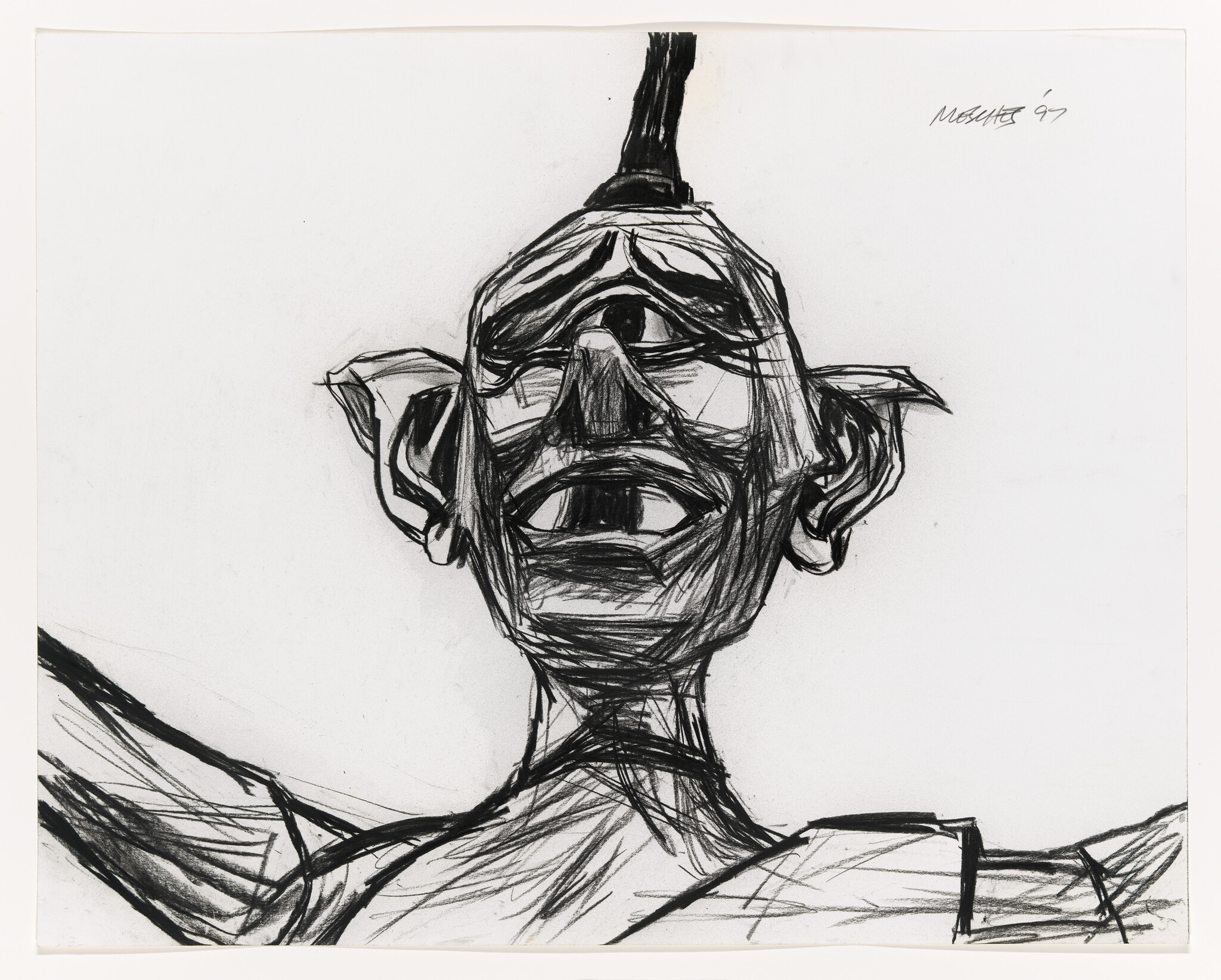 A rough charcoal drawing shows a grotesque humanoid figure with a single central eye and an open mouth.