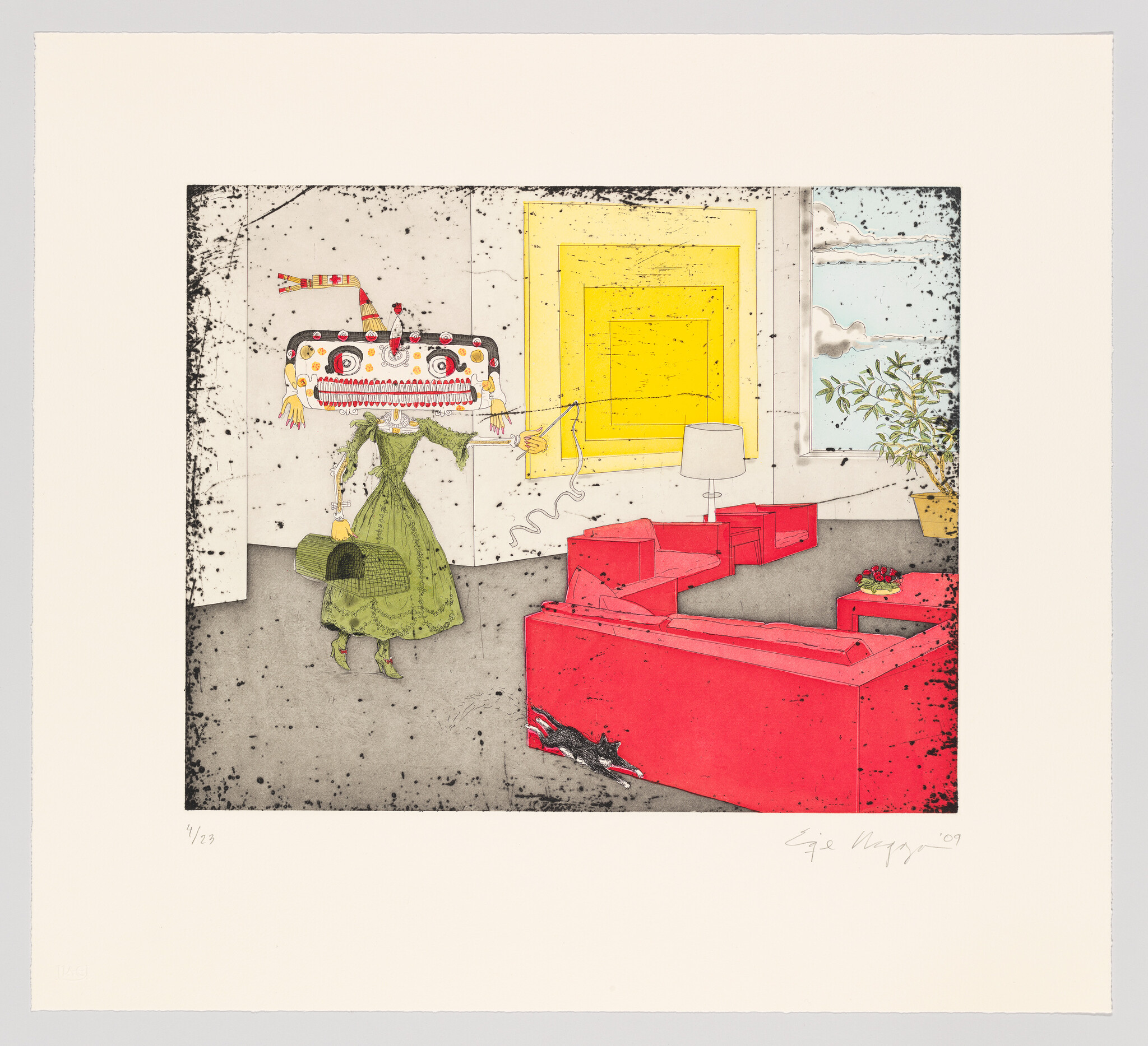 Woman in green dress wearing a decorative rectangular mask stands in living room holding a handbag.