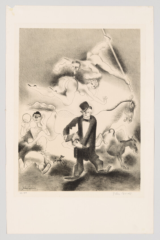 A surreal black and white lithograph featuring a man in a suit and top hat prominently in the foreground, playing an accordion. Behind him, a chaotic scene unfolds with various figures and animals, including a horse, floating or merging into a smoky background. The artwork is signed and dated at the bottom.