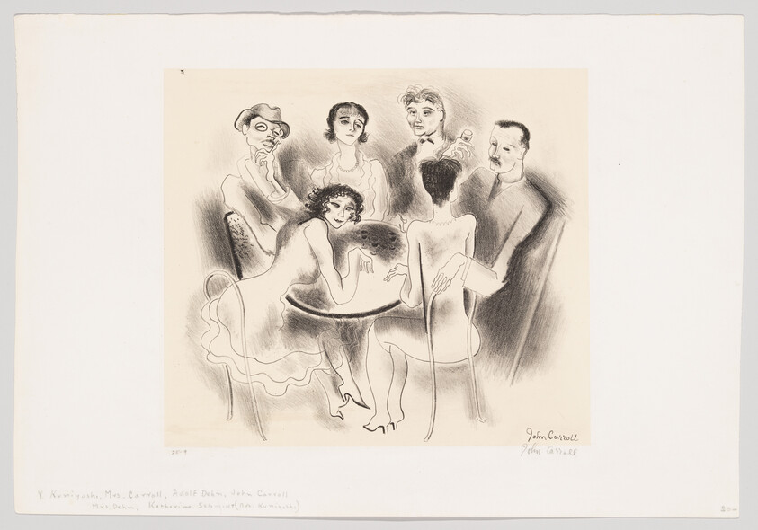 A sketch of seven figures around a table, with a mix of seated and standing characters, drawn in a loose, expressive style. The figures appear to be engaged in a social gathering or conversation, with some looking at each other and others gazing away. The artwork has a caption at the bottom with names and signatures.