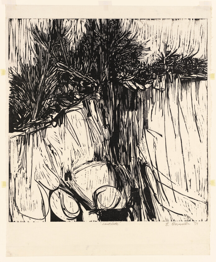 A black-and-white woodcut showing a gnarled tree trunk with dense branches and exposed roots.