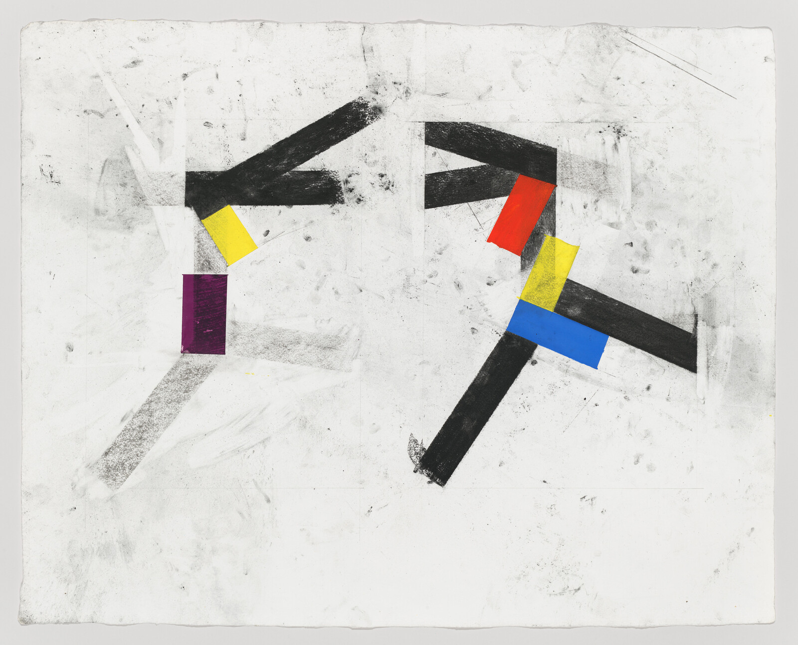 Black angled brush strokes on white paper connect with small red, blue, yellow, and purple rectangular patches.