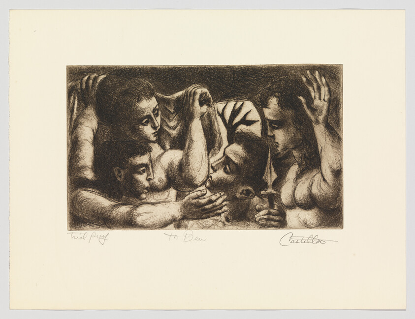 Four figures surround a reclining man, one holding a dagger while others touch his face.