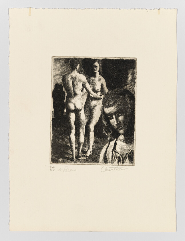 A small etching showing two nude figures standing together while a woman in the foreground looks down.