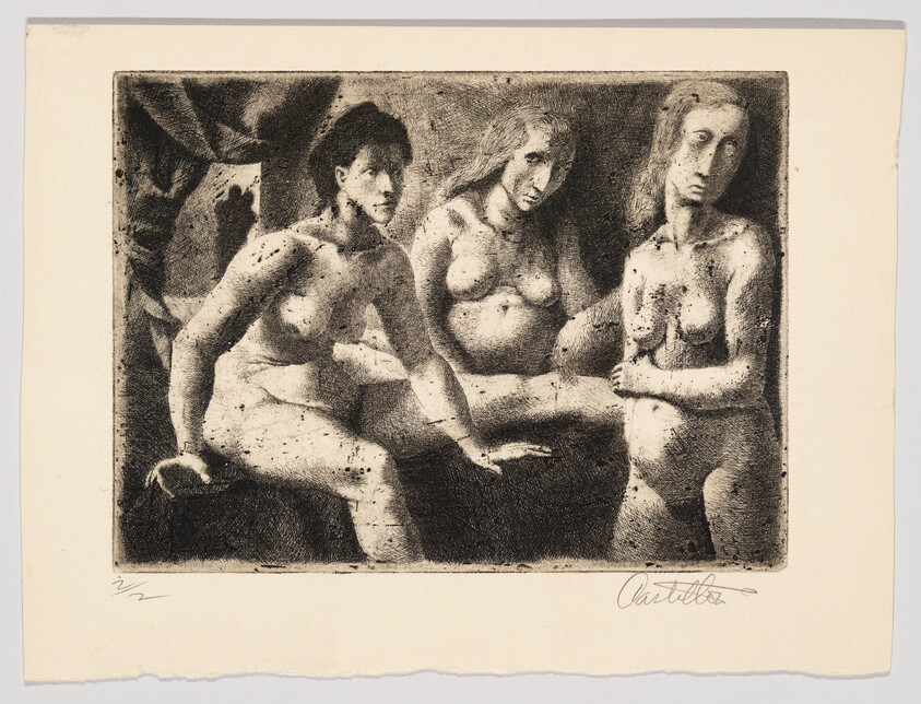 Three nude women sit and stand together in a dark, textured black-and-white etching.