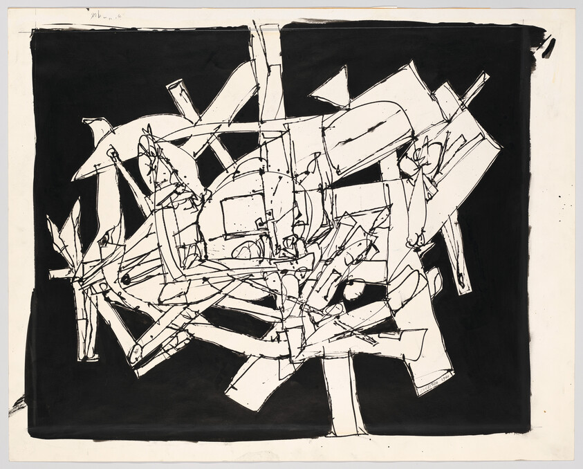 Abstract black and white drawing with overlapping lines and shapes, creating a chaotic, geometric pattern on a dark background.