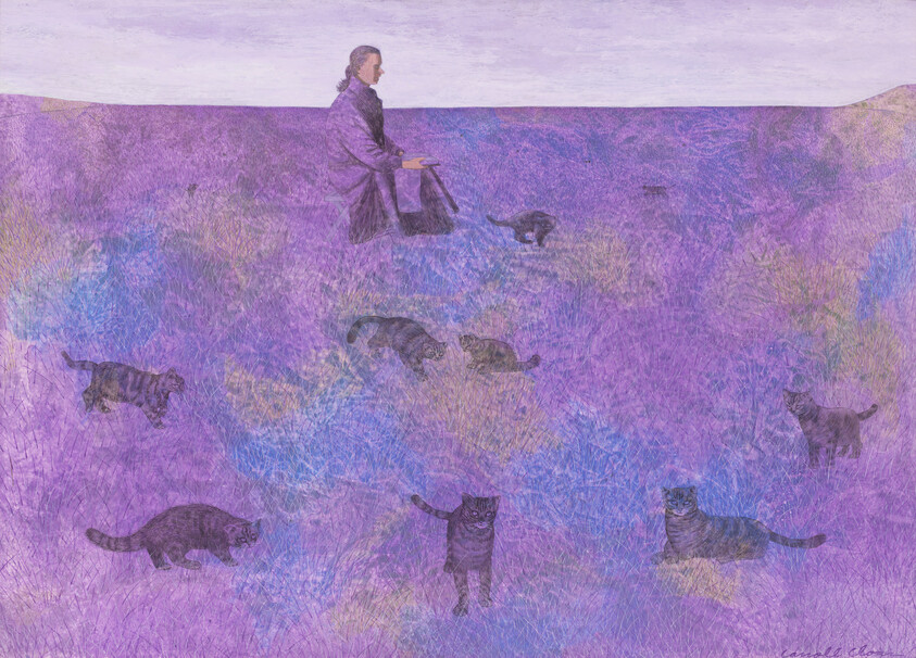 A person stands in a purple field surrounded by several cats exploring the grass.