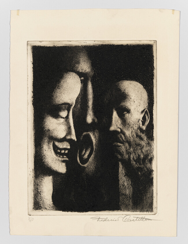 Three contrasting faces—a smiling mask, a shadowed profile, and a serious bearded man—look forward.