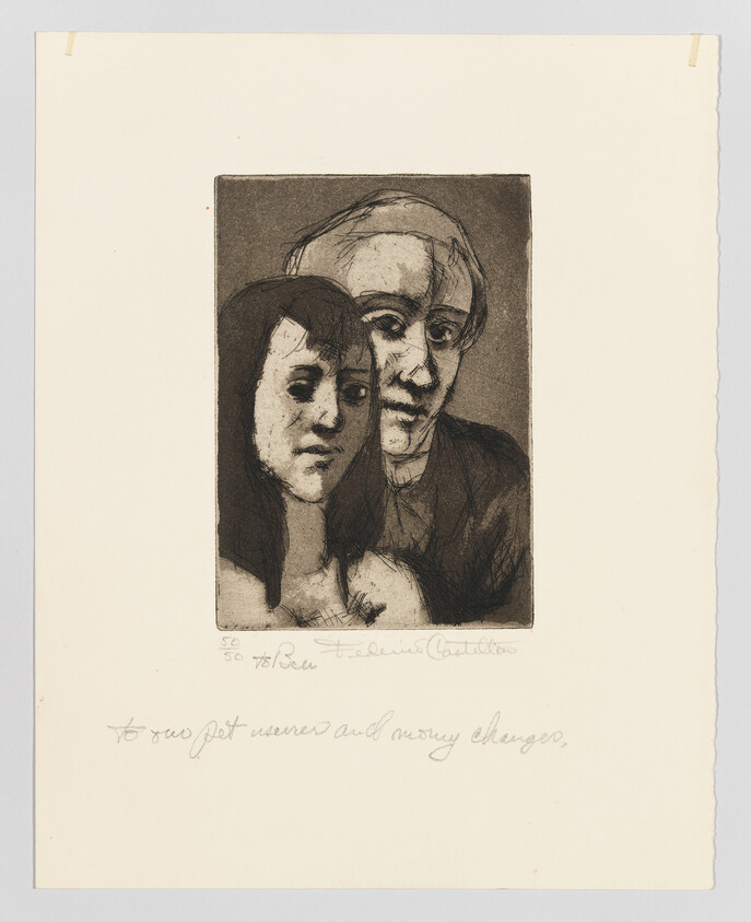 An etching showing a close portrait of a younger woman leaning against an older man.