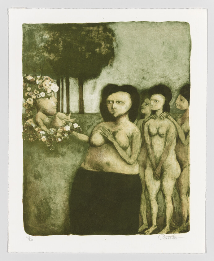 A crowned figure offers flowers to a modest woman while three other women watch.