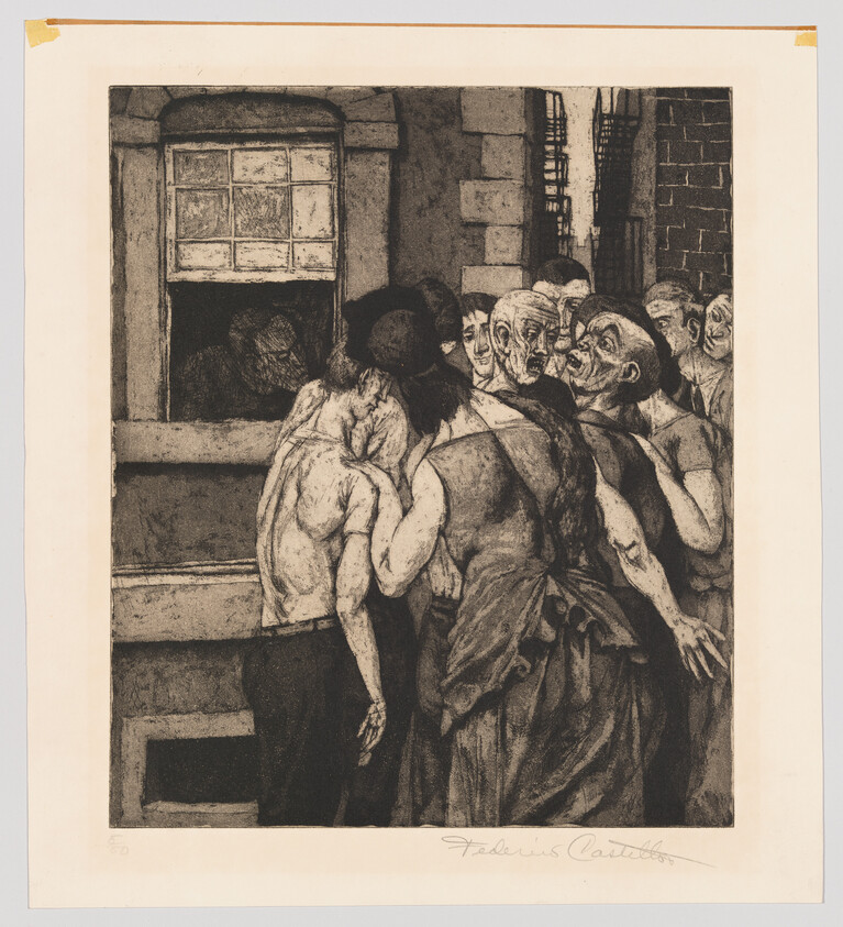 A crowded group of men and women press toward a small window, straining to see inside.