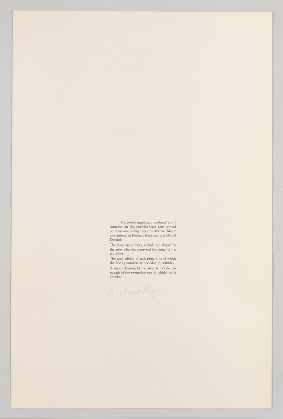 A photograph of a white paper with a block of text in the lower half, detailing information about a portfolio of twelve signed and numbered prints, including the materials used and the edition size. There is a signature at the bottom right corner.