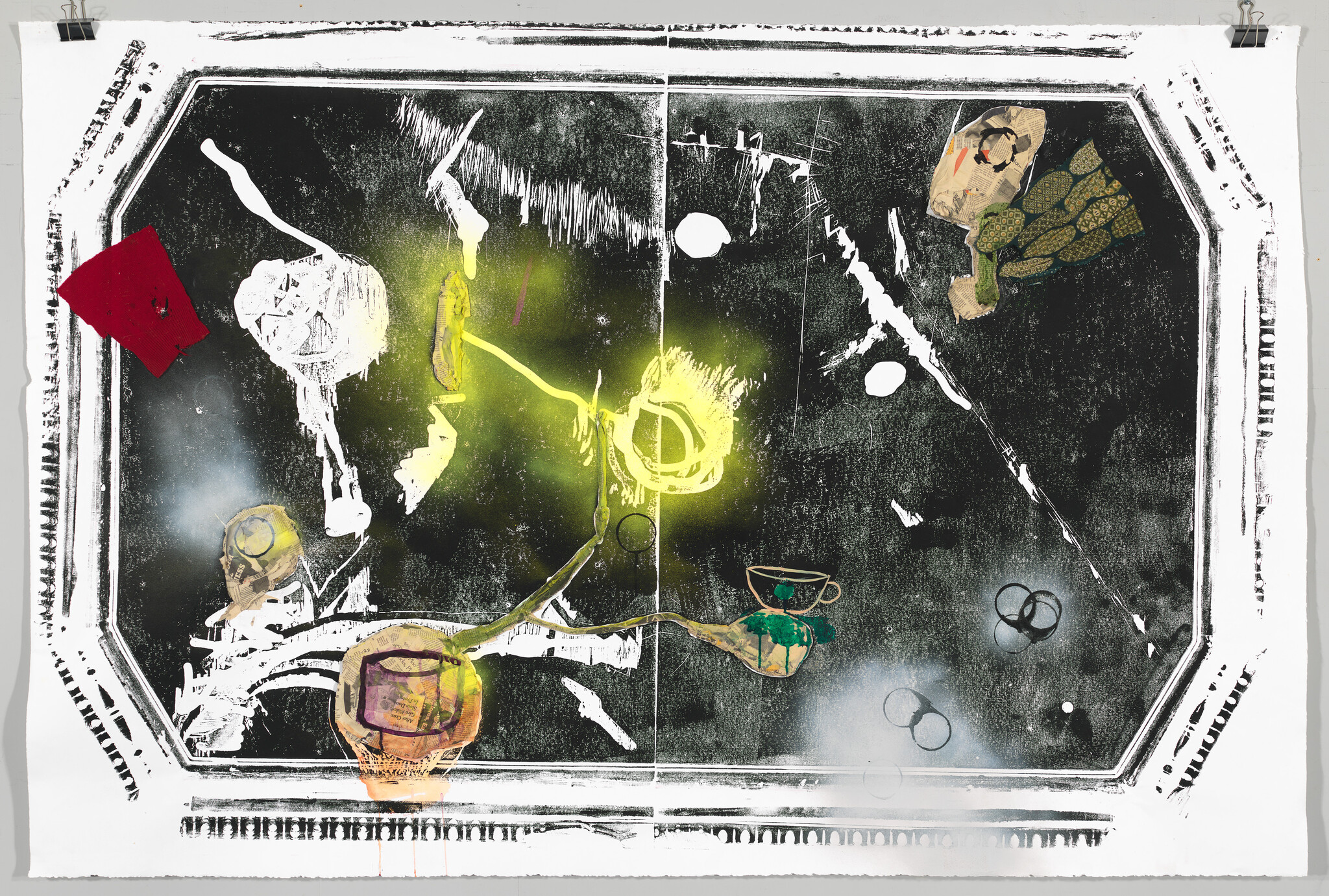 Abstract artwork depicting a chaotic composition with splashes of white and yellow on a dark background, resembling an aerial view of a tennis court with distorted elements such as a red square and various textured shapes scattered throughout.