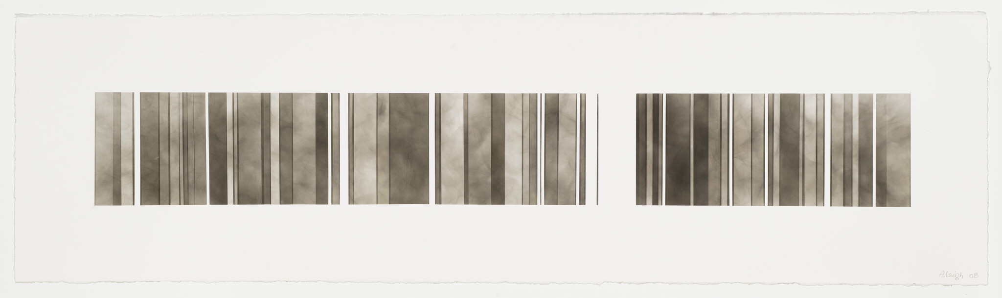 Three groups of vertical sepia-toned bars and thin lines arranged across a wide white background.