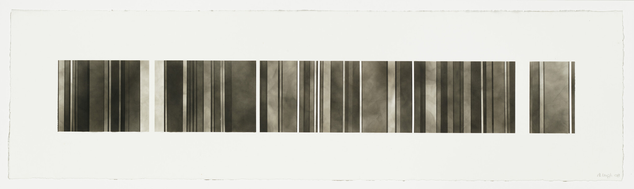 A long horizontal print showing seven rectangular panels filled with varying vertical dark and light stripes.